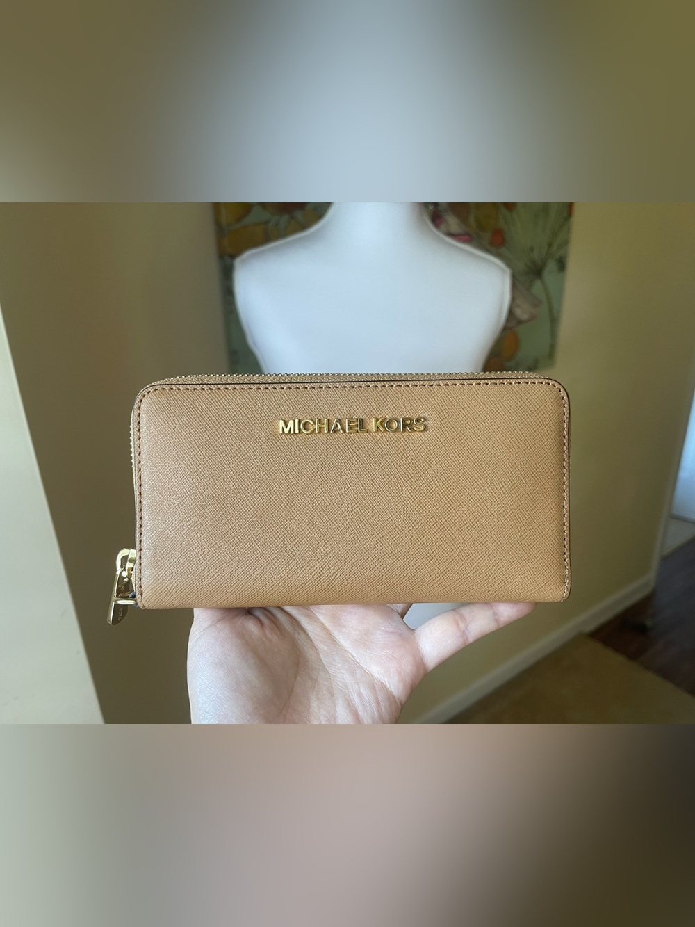 Michael Kors Camel Saffiano Zip Wallet with Gold Logo